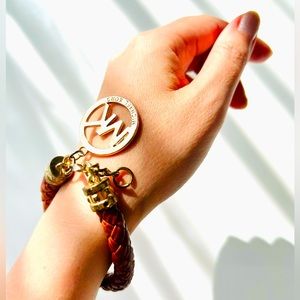 Michael Kors Braided Bracelet Leather Cord 9" Goldtone Metal Logo Signed